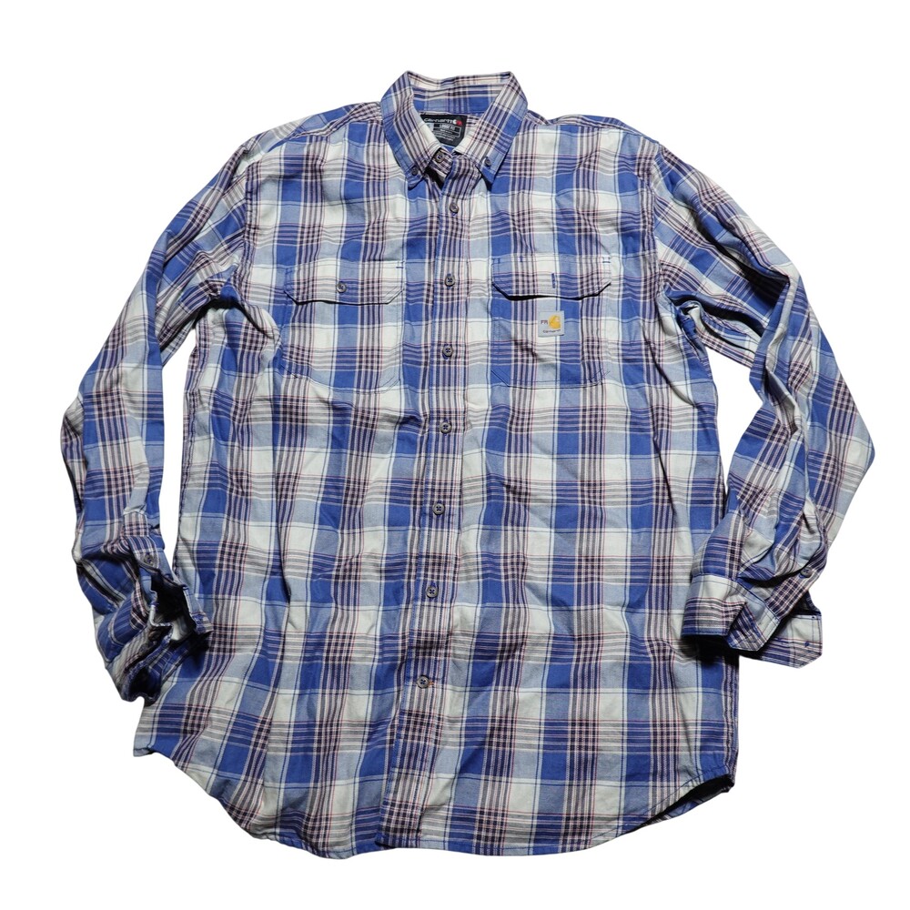 Carhartt FR Shirt Mens XLT Blue Plaid Long Sleeve Button Workwear Loose Fit